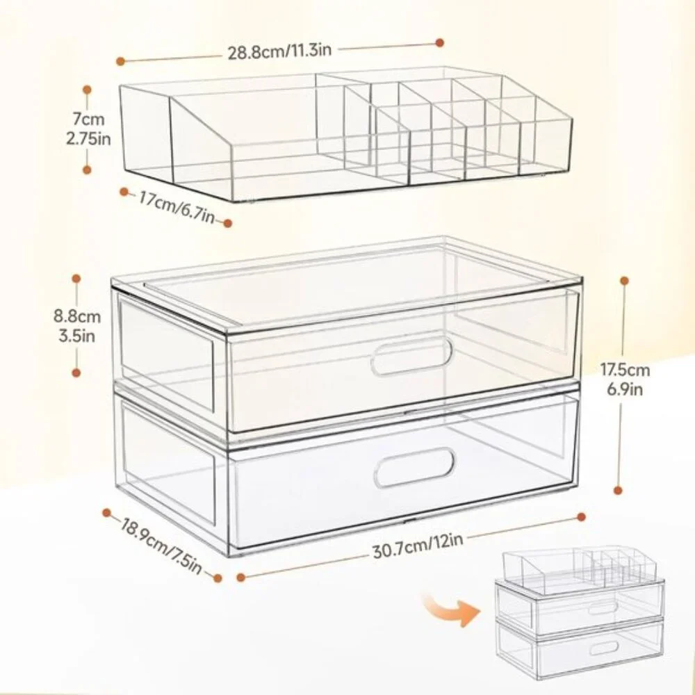 New Clear Stackable Makeup Organizer, 12InW Acrylic Drawer for Vanity & Skincare